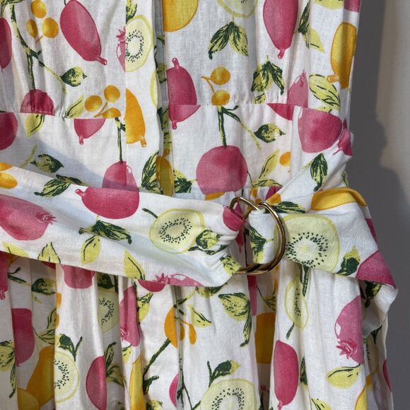 Cynthia Rowley MIDI Dress Fruit Print Linen Blend Sundress Belted Sz 4 Lemons - Picture 2 of 6